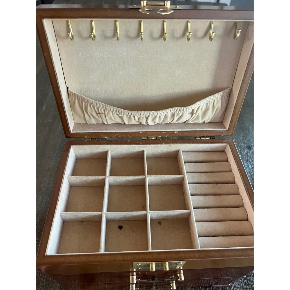 Vintage Burl Wood Jewelry Box Chest Brass Hardware 2 Drawers Necklace Hooks 10in